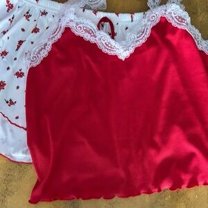 Red and White Lace Trim Cropped Top w Floral Shorts PJ Set